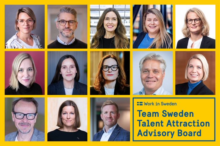 Team Sweden Talent Attraction Advisory Board 2025. Högst upp från höger: Anna Broeders, Switch to Sweden, Martin Sangve, Hitachi Energy Sweden, Anna Hammarberg, Business Sweden, Magdalena Cridford, Region Skåne, Amelie Berg, Svenskt Näringsliv, Malin Blank, SSAB, Alicia Parvin, Region Stockholm, Pia Högset, Tech Sverige, Pär Linderum, Li Ljungberg, Teknikföretagen, Ulf Savbäck, Tillväxtverket, Helena Renström, Skellefteå kommun och Niklas Delersjö, Move to Gothenburg.