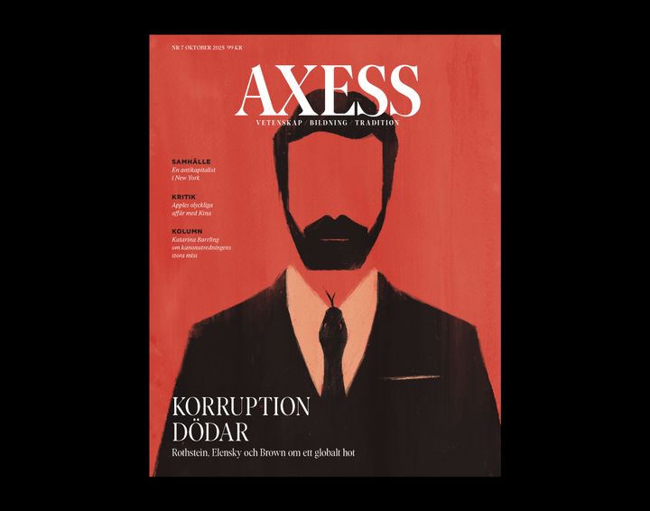 Omslaget för Axess nr 7, en illustration av en man med mörkt skägg, kostym och slips, men slipsen är en orm.