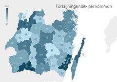 Försäljningsindex beräknas som faktisk omsättning dividerat med försäljningsunderlaget i kommunen. Riket = 100. Ett värde över 100 indikerar ett inflöde av konsumtion, under 100 indikerar ett utflöde av konsumtion. Källa: Handeln i Sverige. Värdena avser 2023.