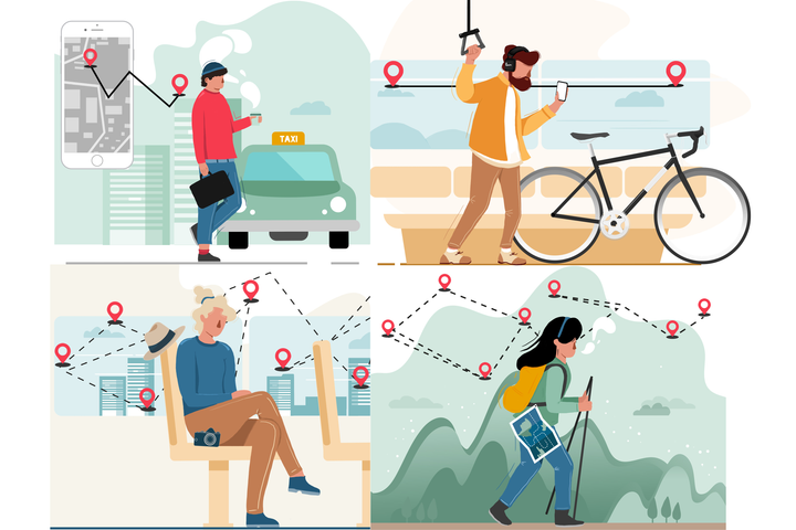 Kollage av olika typer av resor. Illustration.