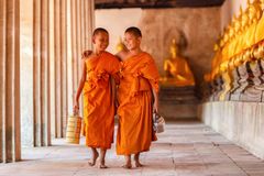Unga munkar i tempel i Ayutthaya