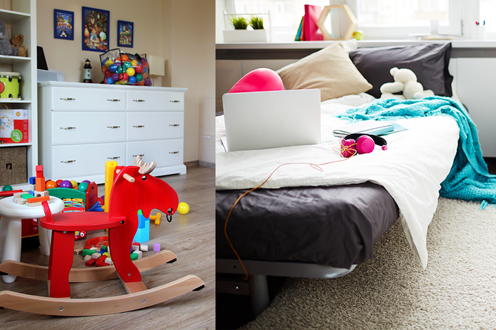 Bilden består av två olika bilder som sitter ihop, där den ena delen föreställer ett lekrum för barn, med leksaker på golvet och den andra föreställer en del av ett ungdomsrum.