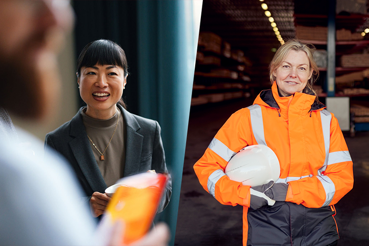 Bilden består av två sammanfogade bilder, där båda bilderna föreställer en kvinna i en arbetssituation, den ena på ett kontor och den andra på en byggarbetsplats.