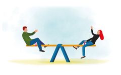 En teckning av en gungbräda med en man och en kvinna i varsin ände, brädan väger jämt. Illustration: Anton Ivanov