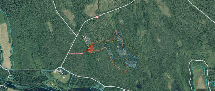 Karta över Bygdeå Kyrkbord 1:1. Brun linje: Trakt gräns/planerad yta. Ljusblå rastrering: planerad hänsyns i den inlämnade avverkningsanmälan. Röd rastrering: tillagd hänsyn. Gul/svart linje: hänsyn till stig.
