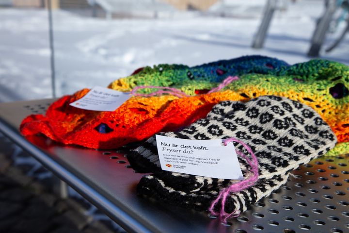 Hemstickade vantar och hemvirkad halsduk.