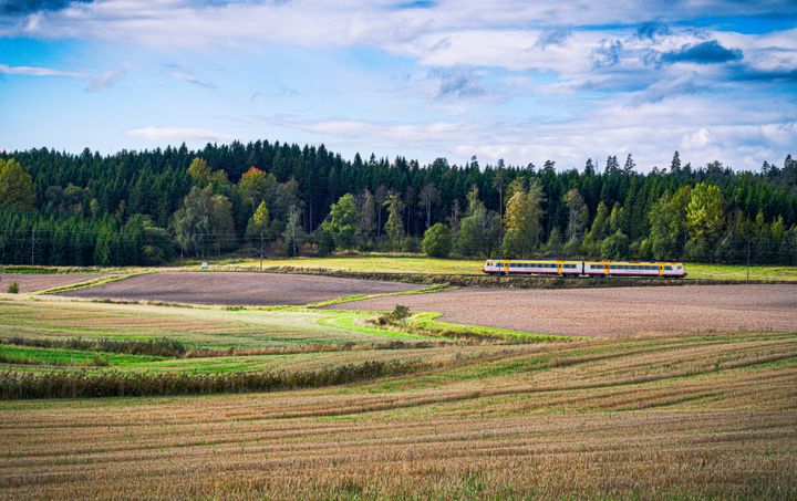 Tåg på landsbygden framför en skog och en blå himmel.