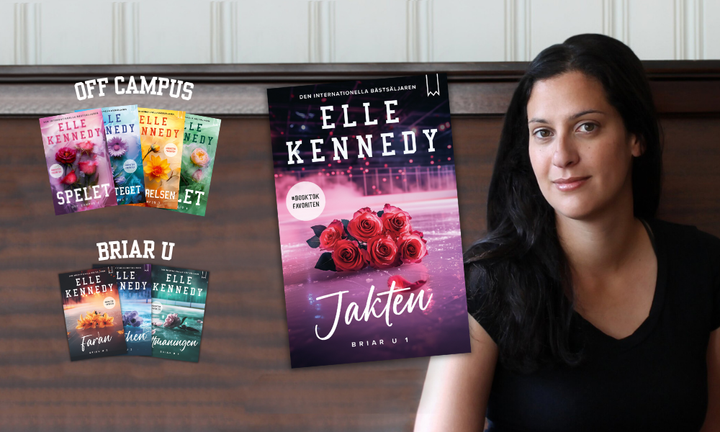 Författarfoto på Elle Kennedy tillsammans med bokomslag till Jakten och böckerna från Off Campus- och Briar U-serierna.
