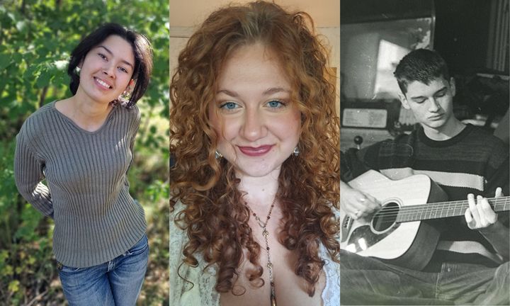Tre porträttbilder sida vid sida i ett kollage: en leende tjej bland grönska, en leende tjej med lockigt rött hår, och en svartvit bild av en kille som spelar gitarr.