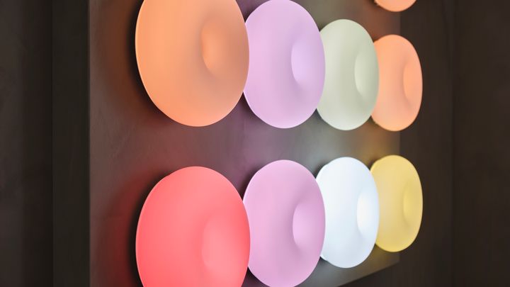 Runda lampor i form av en donut hänger på en vägg. De lyser alla med olika färger.