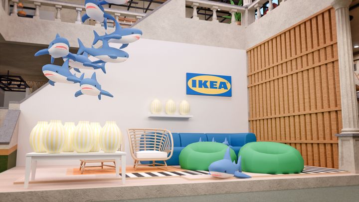 En datoranimerad miljö med IKEA-produkter i ett rum.