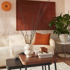 En modern vardagsrum med en vit soffa, ett litet bord med böcker och en vas med kvistar, samt en stor grön växt i hörnet.