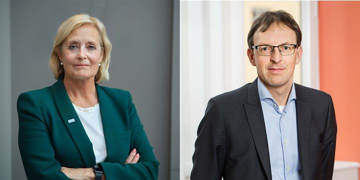 Bild på Agneta Karlsson och Magnus Tyberg, avgående och tillträdande generaldirektörer för Tandvårds- och Läkemedelsförmånsverket.
