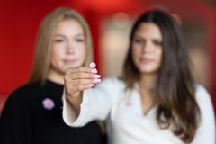 Årets majblomma är rosa och ljusblå, designad av kompisarna Saga och Leia, 13 år. Foto: Lotta Sultan