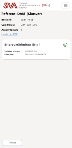 Skärmdump med svar på trikintest. Resultat: trikiner ej påvisade