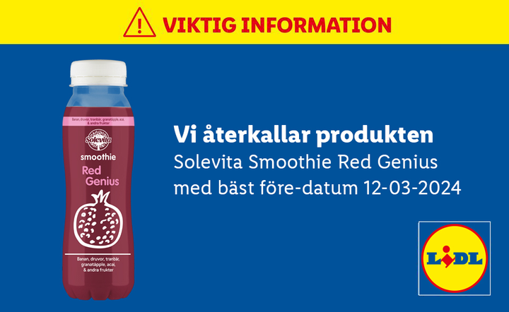 Lidl Sverige återkallar Smoothie Red Genius av varumärket Solevita.