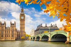 Alt text: Höstlöv i förgrunden och Big Ben med Westminster Bridge över Themsen i bakgrunden i London.