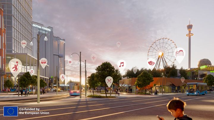 An animation of a street in Gothenburg with buildings and traffic.