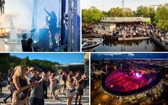 Collage av musikevenemang med scener och publik i olika utomhusmiljöer.