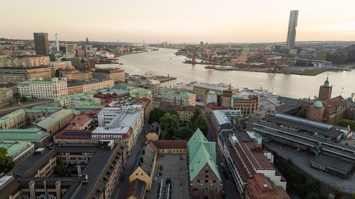 Aerial view of a Gothenburg along the river Göta Älv at sunset.