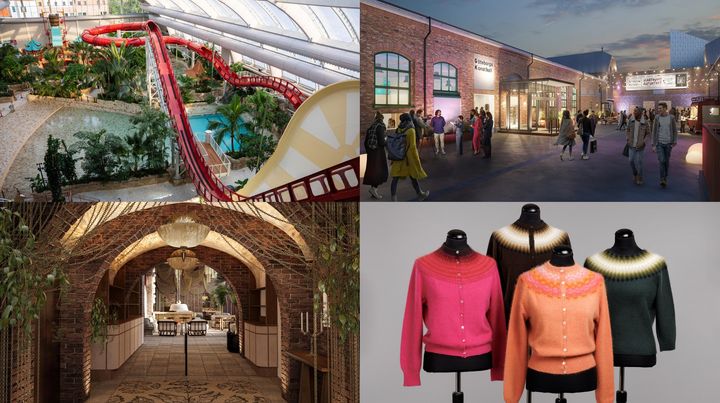 A collage of four images: a red water slide in an indoor water park; people walking outside the new Art Hall in the Slaughterhouse district; an arched stone corridor with a seating area in the new hotel located in the former police station; and four mannequins wearing knitted sweaters in various colors.