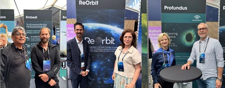 Vem vinner Industrins pris? På bilden: Devdatt Dubashi och Hans Salomonson, Embedl, Sethu Suvanam och Mina Rajabi, ReOrbit samt Åsa Lindström och Zoran Popovic, Profundus.