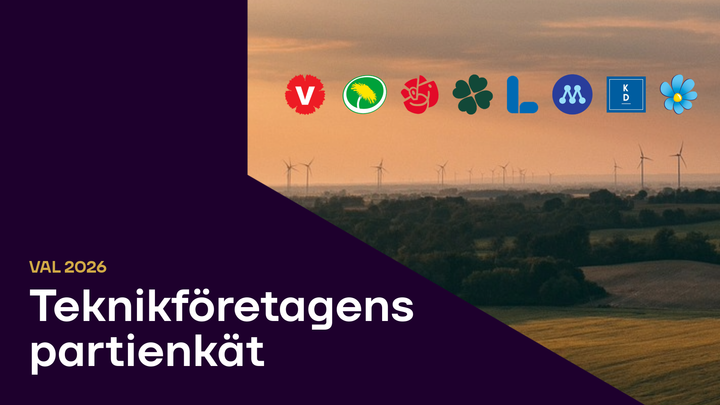 Bild som visar logotyper för politiska partier över en landskapsvy med vindkraftverk, texten "Val 2026: Teknikföretagens partienkät".