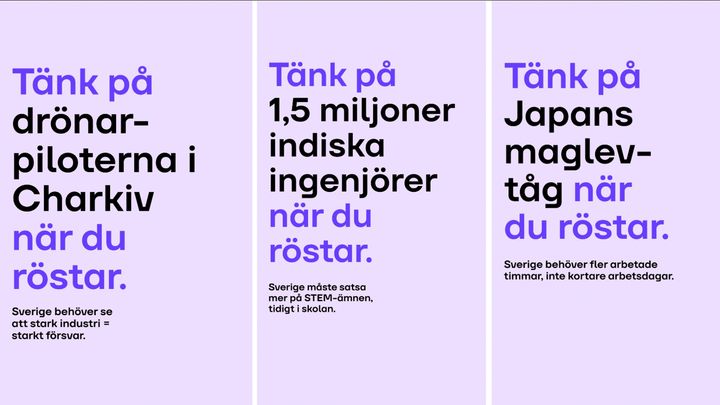 Tre affischer med text på svenska uppmuntrar att tänka på olika internationella aspekter inför röstning: drönarpiloter i Charkiv, indiska ingenjörer, och Japans maglev-tåg.