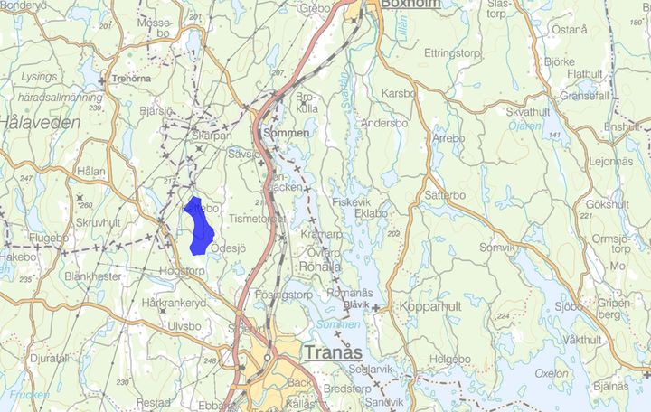 Kartbild där området som undersöks är markerat, cirka 6 kilometer nordväst om Tranås