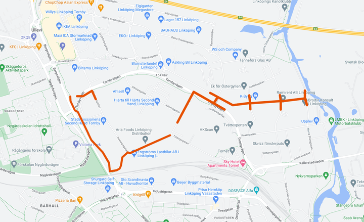 Karta över Tornby där de gator som kommer att beröras av arbetet är markerade i rött