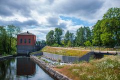 Bilden visar ett litet vattendrag - fiskomlöpet - som går bredvid Stångån. I bakgrunden syns en röd tegelbyggnad.