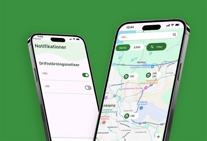 Hitta tillgängliga tankstationer med Svensk Biogas app.