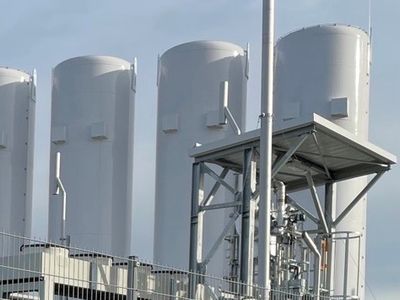 Anna Lövsén framför lagringstankarna för bio-koldioxidinfångning.