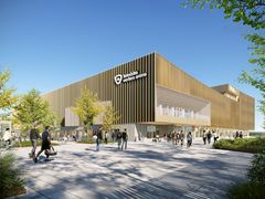 Illustration av stor arena med träfasad, som står i vinkel så att man ser två väggar. På den ena väggen