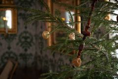 Nötter och torkade frukter pryder granen i Boktryckarbostaden.