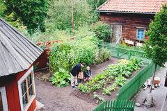 Familj i boktryckarbostadens trädgård