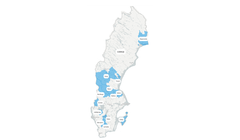 En karta över Sverige som visar några markerade regioner i blått.