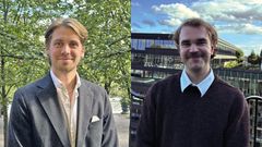 Alt-text: Delad bild med två leende män. Till vänster står en man i kavaj framför grönt lövverk, till höger står en man i stickad tröja framför en glasfasadbyggnad och blå himmel.