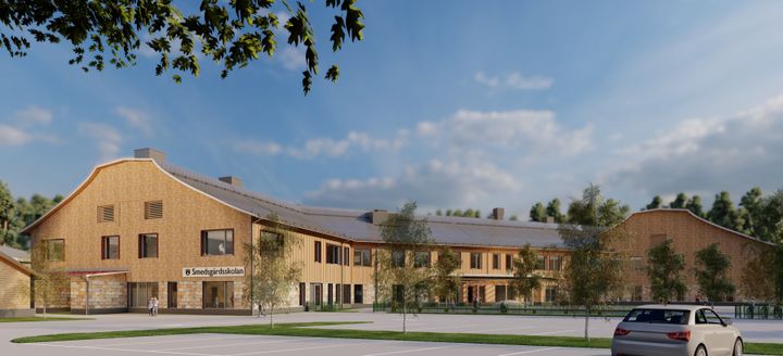 Visionsbild av Smedsgärdsskolan som ska vara på plats och i drift senast hösten 2027