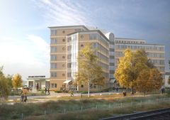 Exteriör visionsbild av nya kommunhuset då det står klart på Anton Tamms väg 1, hösten 2026.