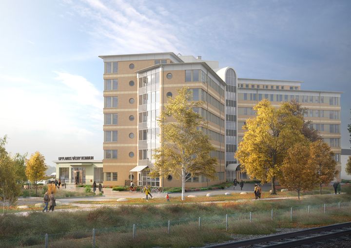Exteriör visionsbild av nya kommunhuset då det står klart på Anton Tamms väg 1, hösten 2026.