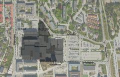 Karta över området som nu går ut på samråd. Kvarteren inom det inramade området runt Väsby centrum ska utvecklas med helt nya bostadskvarter, promenadstråk, torg och mycket grönska.