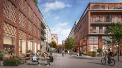 Mittstråket, med Väsby centrum i ryggen och i riktning mot Vilundaområdet. Här, bland hundratals bostäder, skapas ett bilfritt mittstråk för fotgängare med livfull karaktär och variation av grönska med stora träd.