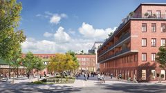 Vy från centrumsidan med Willys och den stora entrén längst bort till vänster, på samma plats som i dag. Till höger finns bara parkeringsytor i dag, men de ska ersättas av bostadshus.