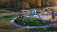 Visionsbilden visar en färggrann temalekplats med olika färdmedel i form av vikingaskepp, flygplan och bil.