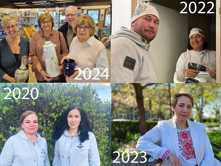 Här är några av de tidigare mottagarna av hedersutmärkelsen Årets Väsbybo. 2024: De cirka 200 volontärerna på second hand-butiken Skopan, här representerade av (från vänster) Lena Strandberg, Christine Ström-Hammarberg, Bo Wingård och Ingrid Norling. 2023: Elena Ernman. 2022: Upplands Väsby Scoutkår genom Andreas Jidling och Ronnie Gustafsson. 2020: Sofia Trison och Emmy Öhman.