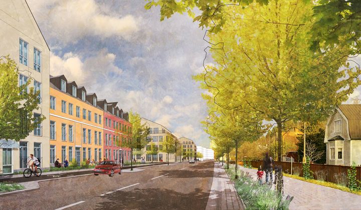 Visionsbild av hur det skulle kunna se ut längs Optimusvägen, i riktning mot Centralvägen.