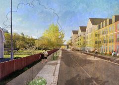 Optimusvägen i riktning mot Mälarvägen. Nya bostadshus anpassas till villabebyggelsen i Folkparksområdet.
