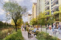 Årummet sett från söder med stationsområdet i fjärran. Här ska det utvecklas bostadsmiljöer och promenadstråk längs Väsbyån.