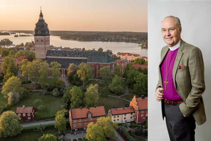 Röd tegelkatedral med omgivning och inklippt man i lila biskopsskjorta